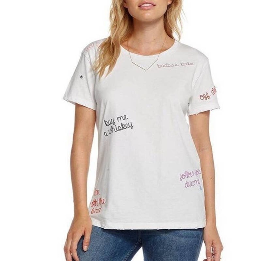 Chaser NWT Crew Neck Short Sleveless Embroidered Chatty Tee Shirt White Medium
